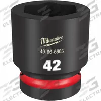 MILWAUKEE Standard Impact Socket: 1 in Drive Size, Metric, 42 mm Socket Size, 6-Point, Std, Friction (MPN 49-66-6605). Key specifications — attr1215501: MILWAUKEE; attr1215515: Black Phosphate; attr1215518: 42 mm.