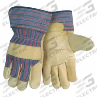 MCR SAFETY Leather Gloves: L ( 9 ), Double Palm, Cowhide, Std, Glove, Full Finger, Safety Cuff, 6 PK (MPN 1931L). Key specifications — Brand: MCR SAFETY; Glove Back Color: Blue/Red; Glove Back Material: Cotton Canvas; Glove Liner Material: Cotton Fleece; Oil Resistant: No; Reflective Backing: No; Includes Double Palm: Yes; Palm Color: Beige.