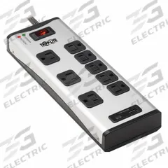 TRIPP LITE Outlet Strip: 8 Outlets, 8 ft Cord Lg, 2,100 J Rated Energy, 15 A Current, Black/Silver (MPN TLM88USBC). Key specifications — Brand: TRIPP LITE; Mounting Style: Keyhole.