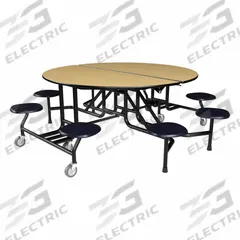 PALMER HAMILTON Cafeteria Table: Fusion Maple, Stool Seat, 29 in Overall Ht, 79 in Overall Lg, Navy (MPN 59T122960RD-S8-FBN). Key specifications — Tabletop Structural Material: Industrial Grade High Pressure Laminate with Particleboard Core; Tabletop Surface Material: Laminate.