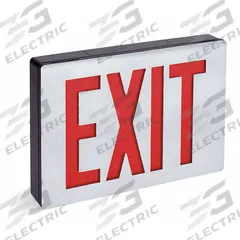 Exit Sign: Emergency Battery Backup, LED, Black, Red, 2 Faces, Ceiling, Nickel Cadmium, 120/277 V AC (MPN LE S 2 R EL N SD). Key specifications — Voltage: 120/277 V AC; Directional Indicators: Universal Field Selectable Chevrons; Text Color: Red; Brand: LITHONIA LIGHTING; Emergency Battery Backup: Yes; Housing Color: Black; Lighting Technology: LED; Self Diagnostics: Yes.