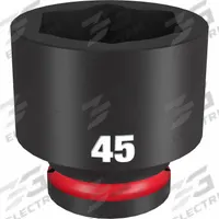 MILWAUKEE Standard Impact Socket: 3/4 in Drive Size, Metric, 45 mm Socket Size, 6-Point, Std (MPN 49-66-6383). Key specifications — attr1215501: MILWAUKEE; attr1215515: Black Phosphate; attr1215518: 45 mm.