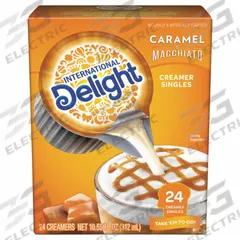 INTERNATIONAL DELIGHT. Liquid Creamer: Caramel Macchiato, 0.5 oz Item Size, Single-Serve Tub (MPN WWI101766). Key specifications — attr921100: Single-Serve Tub; attr873858: INTERNATIONAL DELIGHT.; attr921101: Caramel Macchiato.