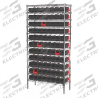 AKRO-MILS Bin Shelving: 36 in x 14 in x 74 in, 1 Sided, 96 Bins, Open, Indicator Bin, Black/Red (MPN AWS143636442BK). Key specifications — Includes Bins: Yes; Bin Material: Polymer; Frame Color: Silver; Bin HxWxD: (96) 4 in x 4-1/4 in x 11-5/8 in; Frame Material: Steel; Bin Color: Black; Red; Brand: AKRO-MILS.
