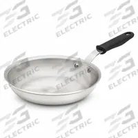 VOLLRATH Fry Pan: Non-Stick, 10 in Top Dia, Aluminum, Silver, Silicone, NSF Certified, Natural (MPN 672110). Key specifications — Brand: VOLLRATH; Handle Color: Black; NSF Certified: Yes; Product Type: Fry Pan; Body Color: Silver; Handle Material: Silicone; Body Material: Aluminum; Handle Type: Riveted.