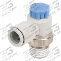 SMC Speed Control Valve: Elbow Fitting, Knob, 1/4 in/1/8 in Valve Body Size, 6 mm Tube, Meter In (MPN AS2211F-02-06SA). Key specifications — attr947203: Brass/PBT; attr947205: SMC.