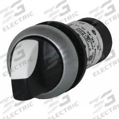 EATON Selector Switch: 22 mm Panel Mounting Size, 3 Positions, Short Lever, 2NO, Metallic (MPN C22-WK3-K20). Key specifications — AC Contact Rating: 1.5 A @ 230 V; Action: Momentary/Momentary/Momentary; Cam: No Cam Required; DC Contact Rating: 3 A @ 24 V; Hazardous Location Specification: Not Rated; Operator Head Material: Polycarbonate; Operator Head Type: Short-Handled Knob; Operator Illumination: Non-Illuminated.