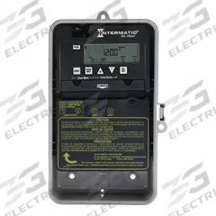 INTERMATIC Electronic Timer: 24 hr, Not Astronomic, 120-277V AC, SPST, Digital (MPN EP100C). Key specifications — Body Material: Plastic; Indoor/Outdoor Usage: Outdoor; Astronomic Functionality: Not Astronomic; Mounting Style: Surface; Brand: INTERMATIC.