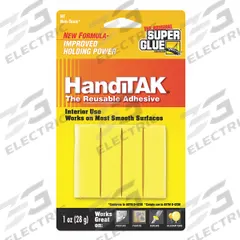 SUPER GLUE Mounting Putty: HandiTak, Multipurpose Repair, 1 oz Container Size, Strips, Yellow (MPN HT-12). Key specifications — Series: HandiTak; Base Material: Synthetic Rubber; Color: Yellow; Brand: SUPER GLUE.