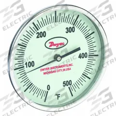 DWYER Glow-in-the-Dark Dial Thermometer: 0°F to 500°F, +/- 1% Accuracy, 5 in Dial Dia, Male (MPN GBTB560161). Key specifications — Accuracy: +/- 1%; Brand: DWYER.