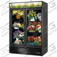 TRUE REFRIGERATION Floral Refrigerator: 78 5/8 in x 54 1/8 in x 29 7/8 in, Black, Swing, 4 Shelves (MPN GDM-49FC-HC~TSL01). Key specifications — attr1277723: TRUE REFRIGERATION; attr1277683: R-290; attr1277688: Swing; attr1277691: Yes; attr1277694: Black; attr1280729: GDM.
