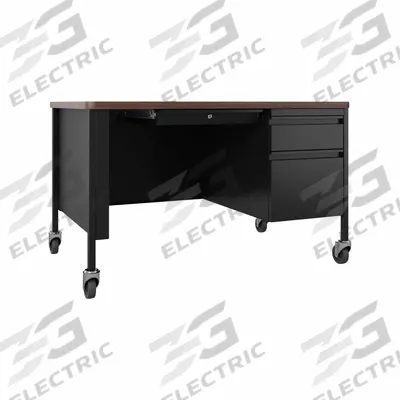 HIRSH Office Desk: Melamine, Black Matrix/Walnut, 1 Pedestals, 3 Drawers - Pedestal Desks