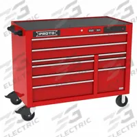 PROTO Rolling Tool Cabinet: Red / Red Drawer, 50 in W x 25 1/4 in D x 41 in H, 9 Drawers, Heavy Duty (MPN J555041B-9RDPDP). Key specifications — Brand: PROTO.