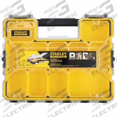 STANLEY Compartment Box: 17 1/2 in x 14 in x 2 7/8 in, Clear/Black/Yellow - Small Parts Compartmented Boxes with Removable Cups