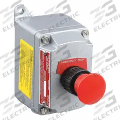 Control Station: 1 Gang, Mushroom Head Push Button, 1NO/1NC, Emergency Stop, 0 Pilot Lights, 3/4 in (MPN EFDB175-UM1). Key specifications — Legend: Emergency Stop; Action: Maintained; Contact Form: 1NO/1NC; Brand: APPLETON ELECTRIC; Operator Configuration Type: (1) Mushroom Push Button.