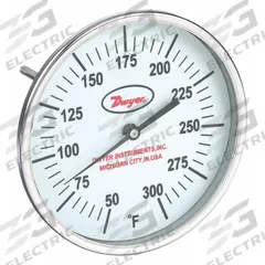 DWYER Glow-in-the-Dark Dial Thermometer: 50°F to 300°F, +/- 1% Accuracy, 5 in Dial Dia, Male (MPN GBTB52561). Key specifications — Accuracy: +/- 1%; Brand: DWYER.
