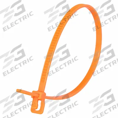 RETYZ Releasable Cable Tie: Fluorescent Orange, 6 in Lg, Max. 1 1/2 in Bundle Dia. - Plenum Push-Release Cable Ties