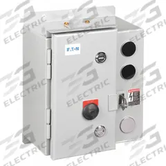 EATON NEMA Magnetic Motor Starter: Non-Reversing, 3 Poles, NEMA Size 00, 9 A, 240V AC Coil (MPN ECN05A8BAA-R63/BL30). Key specifications — attr211388: EATON; attr951451: 1NO/1NC; attr951453: 220/240V AC; attr951489: Three; attr984425: 1NO/1NC; attr984429: Pilot Light; attr997361: None (Not Applicable to Electronic Overloads).