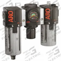 ARO Filter/Regulator/Lubricator: 1/2 in NPT, 150 scfm, 140 psi Max Op Pressure, 5 micron, Auto Drain (MPN C38341-801). Key specifications — attr109588: 2000; attr109524: ARO.