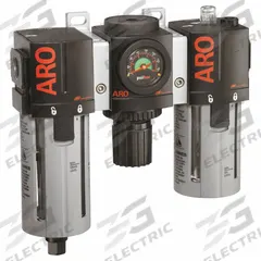 ARO Filter/Regulator/Lubricator: 1/2 in NPT, 150 scfm, 140 psi Max Op Pressure, 5 micron, Auto Drain (MPN C38341-801). Key specifications — attr109588: 2000; attr109524: ARO.