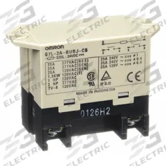 OMRON Enclosed Power Relay: Surface (Top Flange) Mounted, 25 A Current Rating, 24V DC, DPST-NO (MPN G7L-2A-BUBJ-CB-DC24). Key specifications — Brand: OMRON; Base Type: Square; Mounting Style: Top Flange; Electrical Connection: Screw Terminal; Manufacturer Part Number: G7L-2A-BUBJ-CB-DC24; Operating Current: 25 A at 220V AC (Resistive Load/Inductive Load); Series: G7L Series.