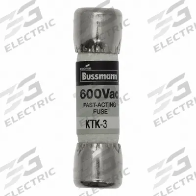 BUSSMANN Fuse: KTK Series, Midget, Fast-Acting, 3 A, 600 V AC, 13/32 in x 1 1/2 in - Fast-Acting Cylindrical Fuses