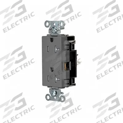 HUBBELL Receptacle: Decorator Duplex, 5-20, Gray, 125V AC, 20 A, 2 Pole / 3 Wire (MPN DR20STGYTR) - General Purpose Receptacles