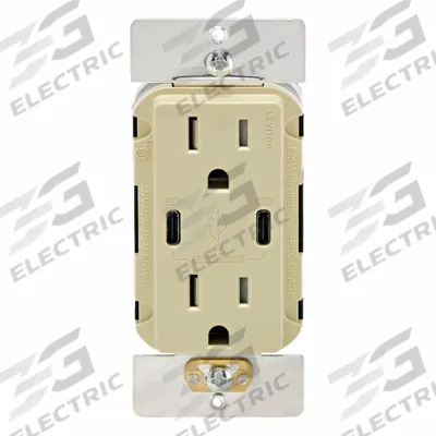LEVITON Receptacle: Decorator Duplex, 5-20R, 1 USB Ports, USB Type C, Ivory, 125V AC - Weather-Resistant Receptacles with USB Chargers