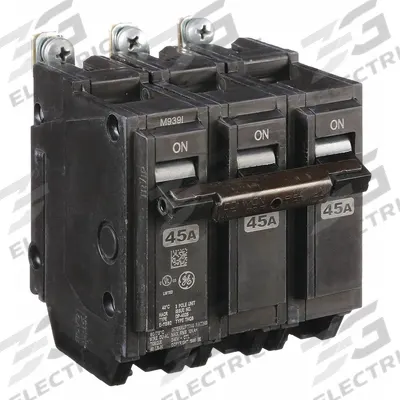 GE Miniature Circuit Breaker: THQB, 45 A, 120/240V AC, Three Phase, 10kA at 120/240V AC - THQB & THHQB Series, Bolt-On GE Miniature Circuit Breakers