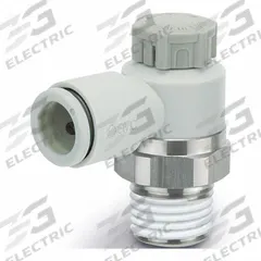 SMC Speed Control Valve: Elbow Fitting, Screw, 1/4 in/1/8 in Valve Body Size, Meter Out, Brass/PBT (MPN AS2201F-02-06S). Key specifications — attr947203: Brass/PBT; attr947205: SMC.