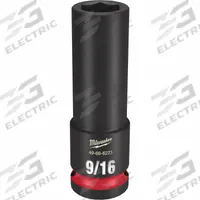 MILWAUKEE Deep Impact Socket: 1/2 in Drive Size, SAE, 9/16 in Socket Size, 6-Point, Deep, Friction (MPN 49-66-6223). Key specifications — attr1215501: MILWAUKEE; attr1215515: Black Phosphate; attr1215518: 9/16 in.