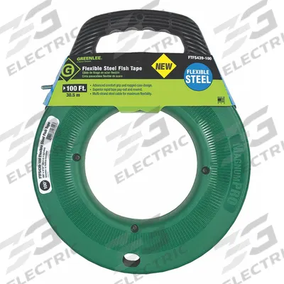 GREENLEE Fish Tape: 100 ft Lg, Manual Wind Tape Retraction, Round Tape Shape - Steel Fish Tapes