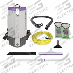 PROTEAM Backpack Vacuum: 153 cfm Air Flow, 12 lb Wt, 70 dB Sound Level, 2 1/2 gal Vacuum Capacity (MPN 107303). Key specifications — Brand: PROTEAM; Debris Collection Type: Bag; Includes Battery: No; Product Series: Super Coach Pro 10; Multi-Surface.
