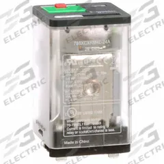 SCHNEIDER General Purpose Relay: Socket Mounted, 10 A Current Rating, 24V AC, 3PDT, C Socket (MPN 788XCXRM4L-24A). Key specifications — Brand: SCHNEIDER; Base Type: Square; Mounting Style: Plug-In; Pin Shape: Flat; Electrical Connection: Blade Terminal; Manufacturer Part Number: 788XCXRM4L-24A; Operating Current: 10 A at 250V AC-1 (1 NO Resistive Load Conforming to IEC); Series: 788R Series.