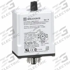 SCHNEIDER Single Function Time Delay Relay: Socket Mounted, 110V AC, 10 A, 11 Pins/Terminals (MPN 9050JCK26V20). Key specifications — Contact Rating (AC): 10 A @ 120/240V; Brand: SCHNEIDER.