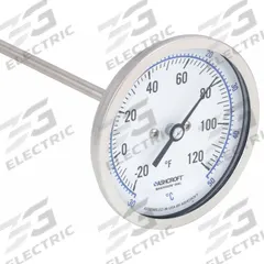 ASHCROFT Dial Thermometer: -20°F to 120°F /-30°C to 50°C, ±1% Accuracy, 9 in Stem Lg, 3 in Dial Dia (MPN 30EI60R). Key specifications — Accuracy: ±1 %; Brand: ASHCROFT.