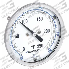 ASHCROFT Dial Thermometer: 0°F to 250°F /-20°C to 120°C, ±1% Accuracy, 2.5 in Stem Lg, 3 in Dial Dia (MPN 30EI60R). Key specifications — Accuracy: ±1 %; Brand: ASHCROFT.