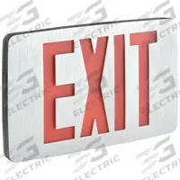 Exit Sign: Emergency Battery Backup, LED, Black, Red, 1 Faces, Ceiling/Wall, Nickel Cadmium (MPN CCESRE). Key specifications — Voltage: 120/277 V AC; Directional Indicators: Universal Field Selectable Chevrons; Text Color: Red; Brand: COMPASS; Emergency Battery Backup: Yes; Housing Color: Black; Lighting Technology: LED; Emergency Battery Backup - Broad: With Battery Backup.