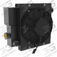 AKG Forced Air Oil Cooler: 10 hp Heat Removed, 30 gpm Max. Flow, 377 psi Max. Pressure, 12V DC (MPN D10-12-BP65). Key specifications — attr96059: SAE #12; attr96056: IP 68; attr96057: 12V DC; attr98919: AKG.