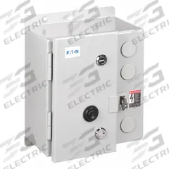 EATON NEMA Magnetic Motor Starter: Non-Reversing, 3 Poles, NEMA Size 1, 27 A, 24V AC Coil (MPN ECN0518TAA-R63/DL30). Key specifications — attr211388: EATON; attr951451: 1NO/1NC; attr951453: 24V AC; attr951489: Three; attr984425: 1NO/1NC; attr984429: Pilot Light; attr997361: None (Not Applicable to Electronic Overloads).