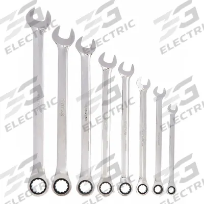 WESTWARD Combination Wrench Set: Alloy Steel, Chrome, 8 Tools - SAE 12-Point Ratcheting Combination Wrench Sets