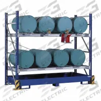 DENIOS Drum Dispensing Racks & Trucks: 120 in x 54 in x 126 in, For 8 Drums, 2 Levels, Blue (MPN K34-4608). Key specifications — Weight Capacity Per Level: 3,000 lb (Bottom); Color/Finish: Blue; For Drum Capacity: 55 gal; Brand: DENIOS.