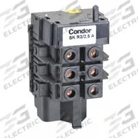 CONDOR USA, INC Thermal Overload (MPN SK-R3/2.5). Key specifications — Brand: CONDOR USA, INC; Max Current Setting: 2.5 A; Min Current Setting: 1.6 A; Phase: Three; Product Type: Thermal Overload for MDR 3 Pressure Switch; Voltage: 600V AC; Manufacturer Part Number: SK-R3/2.5.
