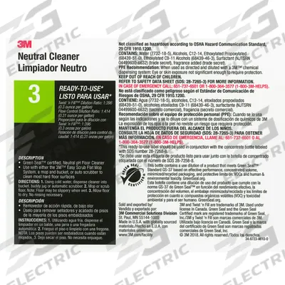 TOLCO Secondary Bottle Label: 11 in Ht, 8 1/2 in Wd, 3M Neutral Cleaner 3 - Secondary Container Labels and Tags
