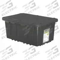 J TERENCE THOMPSON Storage Tote: 27 gal, 28 1/2 in x 19 3/4 in x 14 3/4 in, Black/Yellow Body, Black (MPN 27T-54-BY). Key specifications — Material: Plastic; Edge/Corner Design: Rounded; Body Color: Black/Yellow; Lid Color: Black/Yellow; Brand: J TERENCE THOMPSON; NSF Certified: Not NSF Certified; Nestable: Nesting Capable.