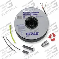 RAYCHEM Electric Heating Cable Kit: For Indoor/Outdoor, 100 ft Cable Lg, 240V AC, Hardwired (MPN 449467-000). Key specifications — NEMA Plug Configuration: Hardwired; Voltage: 240V AC; Brand: RAYCHEM; Includes: Power Connection Kit; For Use Indoor/Outdoors: Indoor/Outdoor; For Use With: H900.