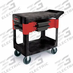 RUBBERMAID COMMERCIAL PRODUCTS Utility Cart: 330 lb, 2 Shelves, 28 in L x 16 in W Self, Black, Flat (MPN FG618000BLA). Key specifications — Shelf Color: Black; Brand: RUBBERMAID COMMERCIAL PRODUCTS; Caster/Wheel Configuration: (2) Swivel.