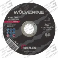 WEILER Abrasive Cutoff Wheel: Type 1, 4 1/2" x 0.045" x 7/8", Aluminum Oxide, 60 Grit, Wolverine (MPN 56281). Key specifications — Series: Wolverine; Brand: WEILER.
