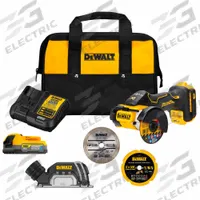 DEWALT Cut-Off Tool Kit: 3 in Wheel Dia, Trigger, Brushless Motor, 1.7 Ah Battery Capacity, 20V DC (MPN DCS438E1). Key specifications — attr1255499: 1.7 Ah; attr1255492: Pistol Grip; attr1255496: Parallel to Handle; attr1255502: Yes; attr1255547: Trigger.
