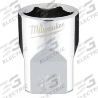 MILWAUKEE Standard Socket: Metric, 3/8 in Drive Size, 15 mm Socket Size, 6-Point, Std, Chrome (MPN 45-34-9085). Key specifications — attr1204417: MILWAUKEE; attr1204392: Chrome.